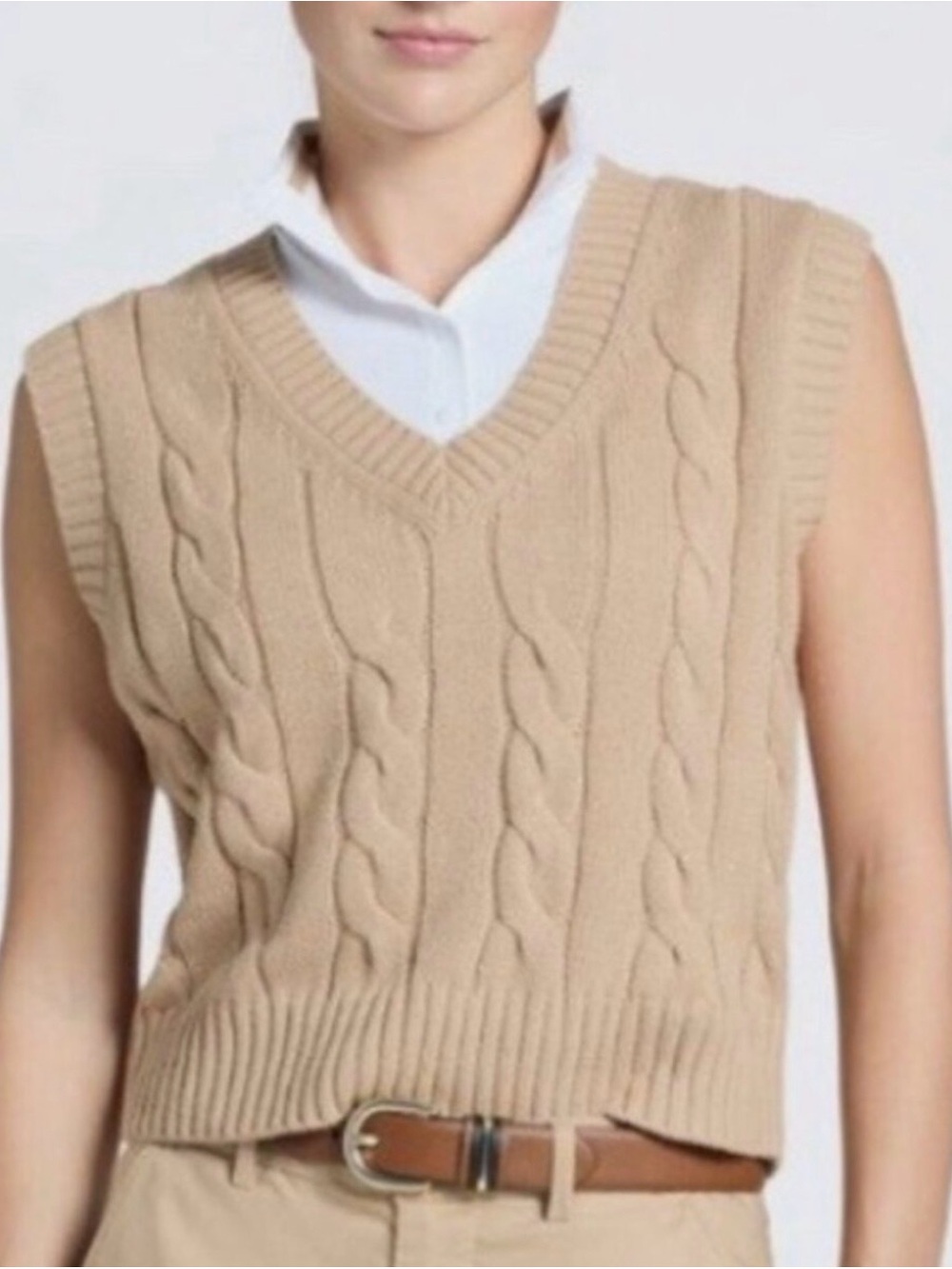 Walter Hagen Tan Cable Knit V-Neck Sleeveless Sweater Vest